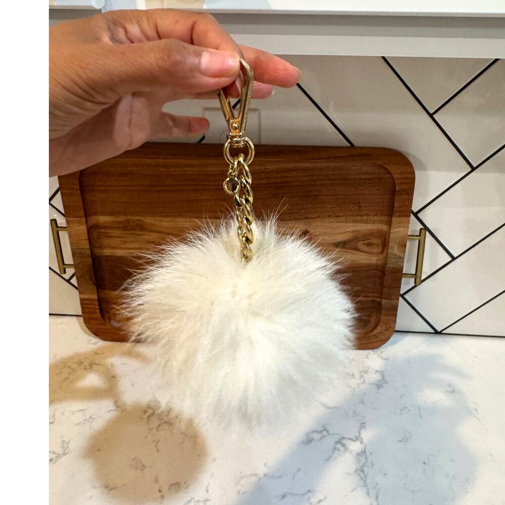 Michael Kors Large Fur Pom Pom Bag Charm keychain neutral glam gold tone chain